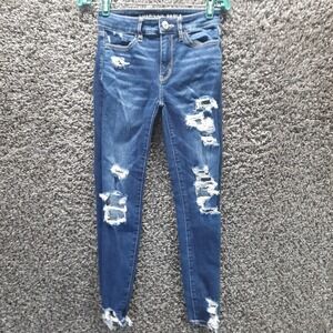 American Eagle Jeans Women 0 Blue Hi Rise Jegging Crop Distressed Fringe Hem
